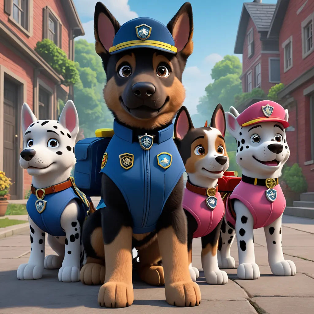 a group of dogs in a cartoon scene with a fireman and two police officers standing next to each other, furry art, a poster, Beeple, promotional image