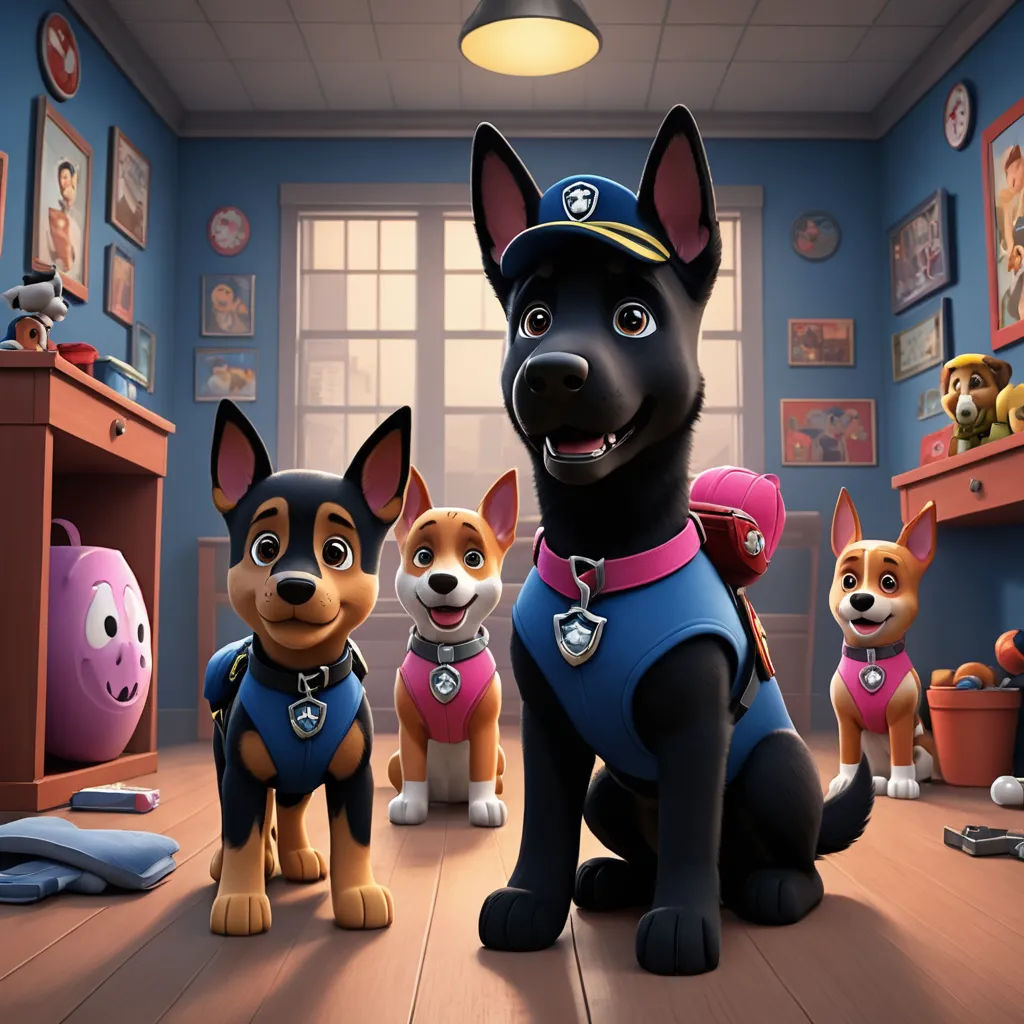 a cartoon picture of a dog and four puppies in a room with toys and a desk with a lamp, furry art, poster art, Ada Gladys Killins, promotional image