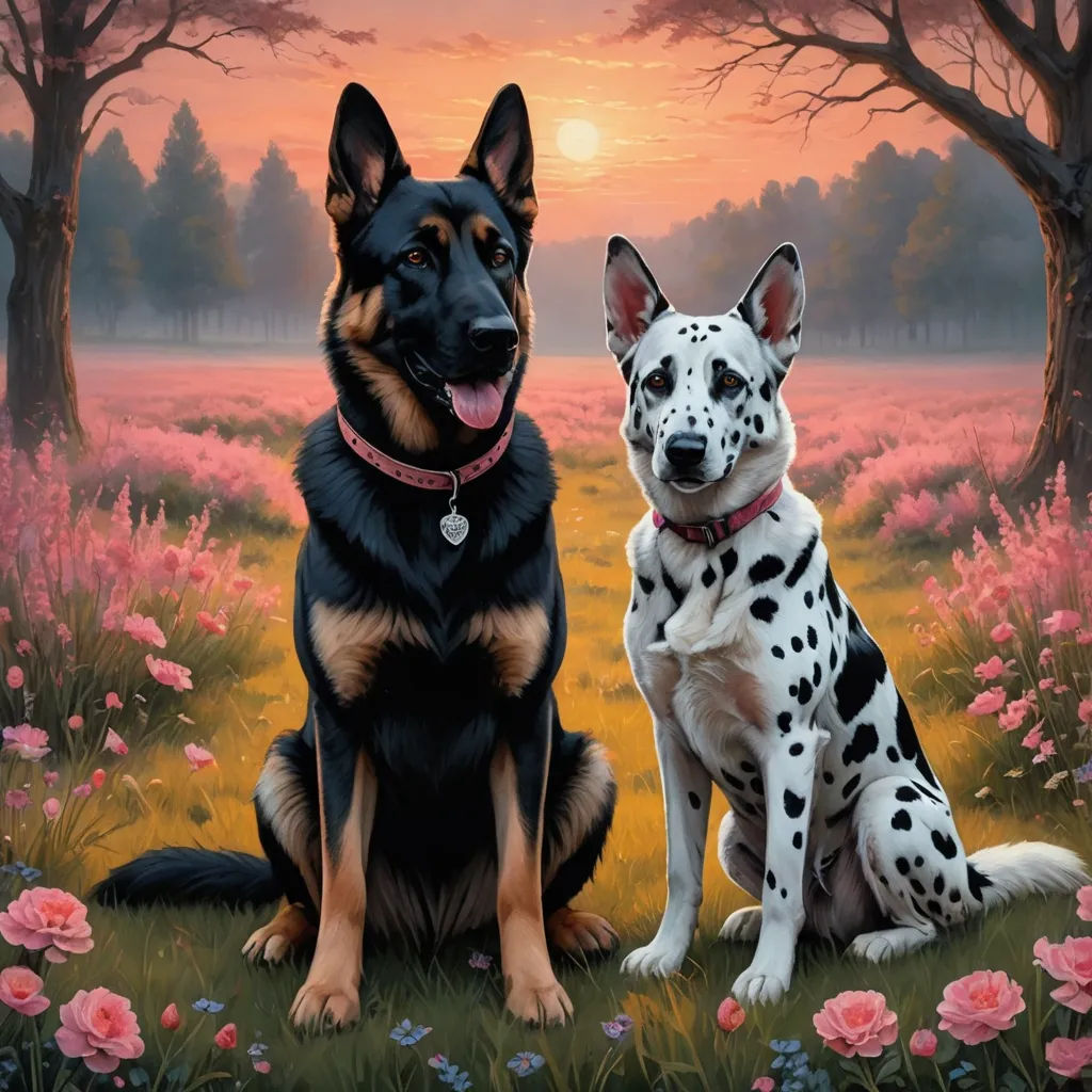 a painting of two dogs sitting in a field of flowers at sunset with a dog looking at the camera, naive art, a fine art painting, Brothers Hildebrandt, highly detailed digital painting
