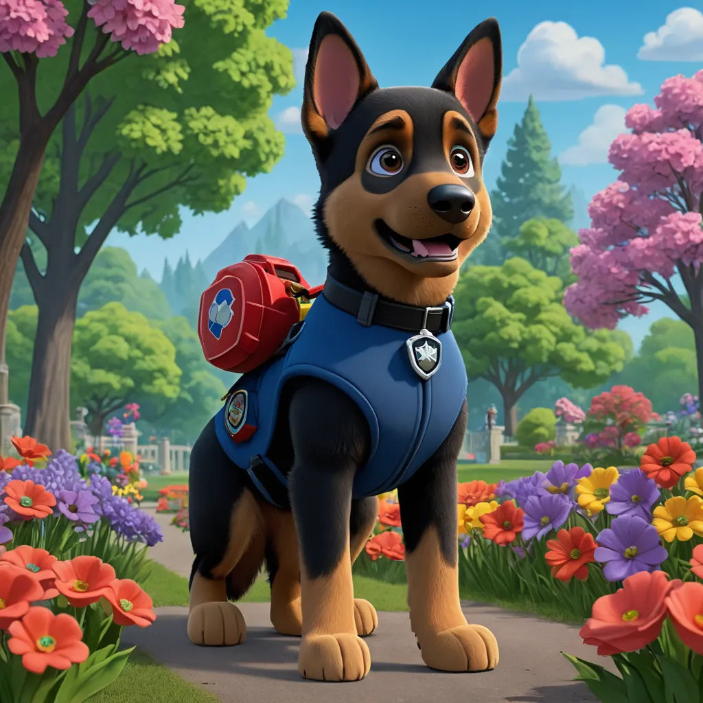 a cartoon dog with a backpack on a path in a park with flowers and trees in the background,, furry art, concept art, Beeple, promotional image