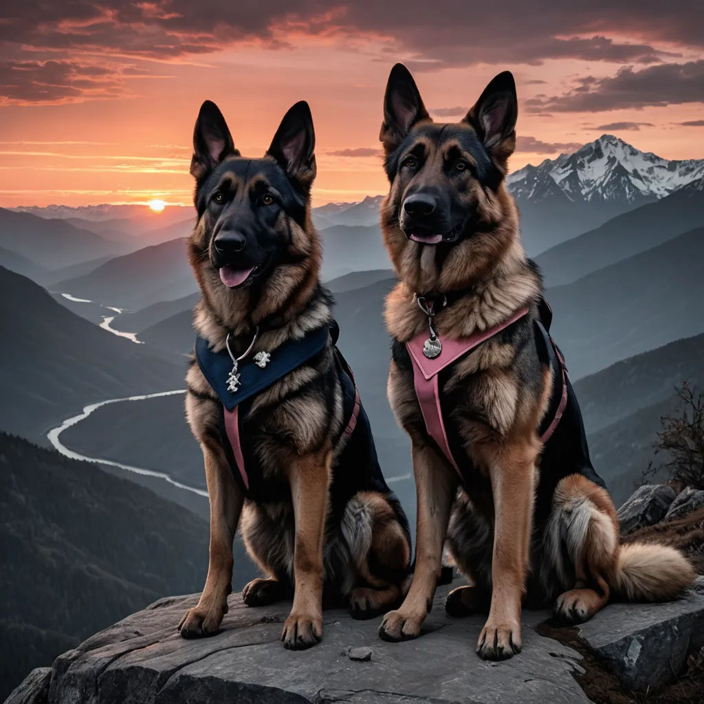 two dogs sitting on a rock with a sunset in the background and mountains in the background, with a trail in the distance, art photography, a stock photo, Elke Vogelsang, animal photography