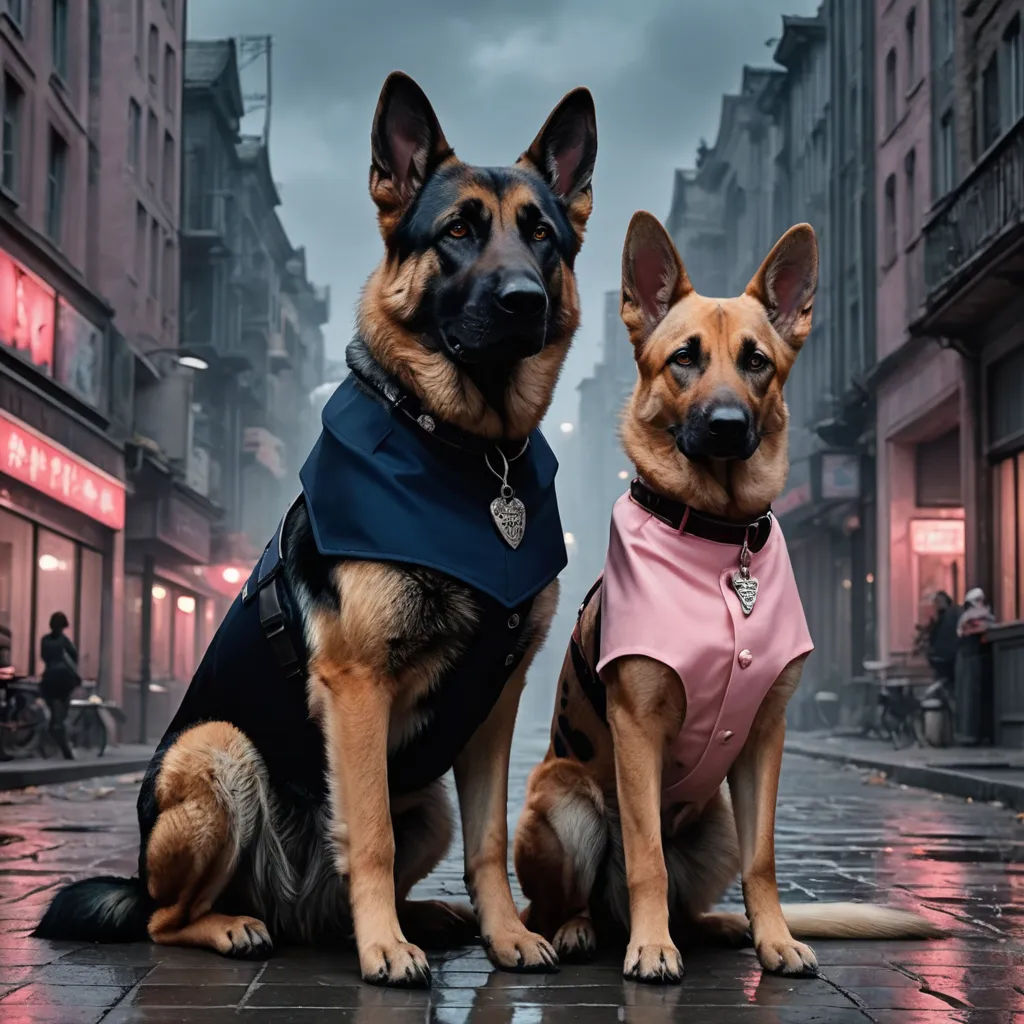 two dogs sitting on a wet street in the rain wearing vests and jackets with their ears up and ears down, international gothic, an album cover, Elke Vogelsang, cinematic photography