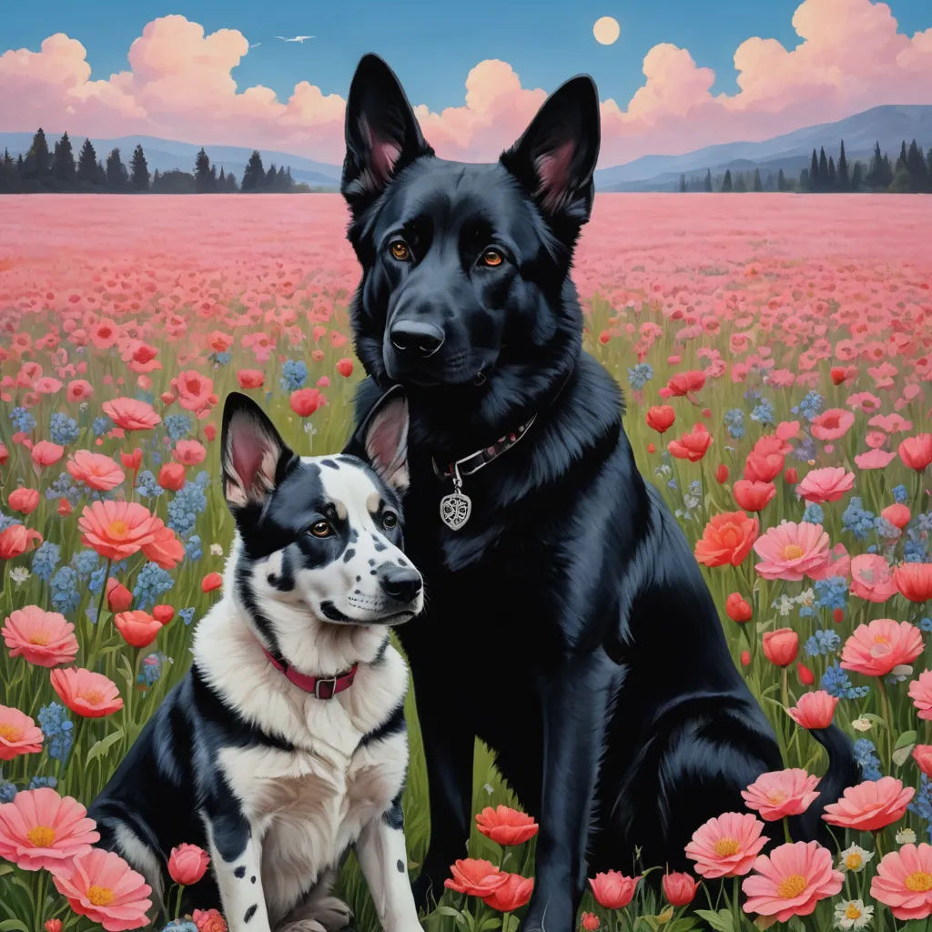 a painting of two dogs sitting in a field of flowers with a pink sky in the background and a pink sky in the background, naive art, a fine art painting, Brothers Hildebrandt, highly detailed digital painting