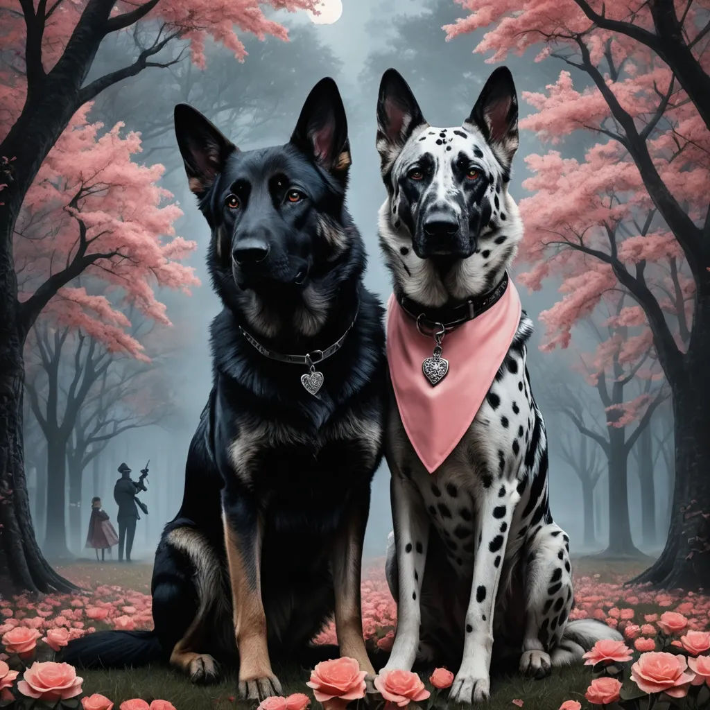 two dogs sitting in a field of flowers with a full moon in the background and a pink blossom tree, furry art, a fine art painting, Cyril Rolando, highly detailed digital painting