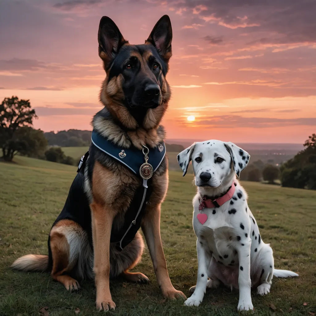 a dog and a dog sit in a field at sunset with a dog wearing a harness and collar on, neo-romanticism, a stock photo, Elke Vogelsang, animal photography