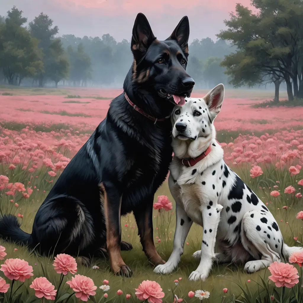 a painting of two dogs sitting in a field of flowers with a pink sky in the background and a pink sky in the background, furry art, a photorealistic painting, Brothers Hildebrandt, highly detailed digital painting