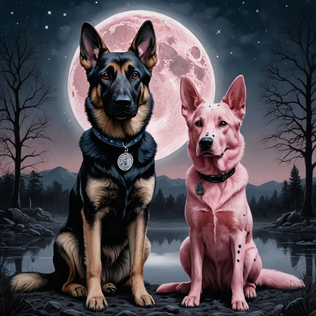 a painting of two dogs sitting in front of a full moon and a lake with trees and a full moon, digital art, an album cover, Dan Mumford, highly detailed digital painting
