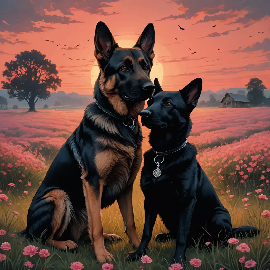 two dogs sitting in a field of flowers with a sunset in the background and a bird flying overhead in the sky, german romanticism, a fine art painting, Brothers Hildebrandt, highly detailed digital painting
