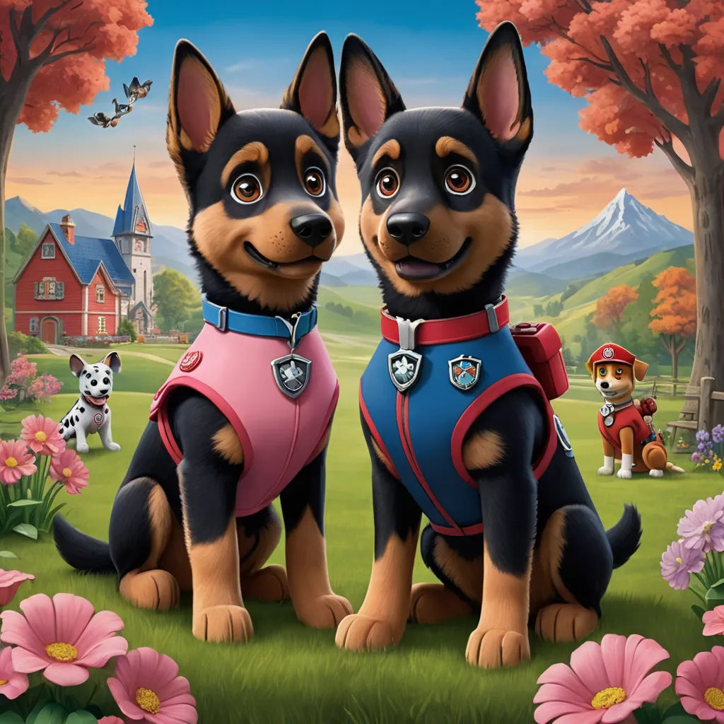 two dogs are sitting in the grass with a dog in the background and a dog in the foreground, sots art, concept art, Ada Gladys Killins, key art