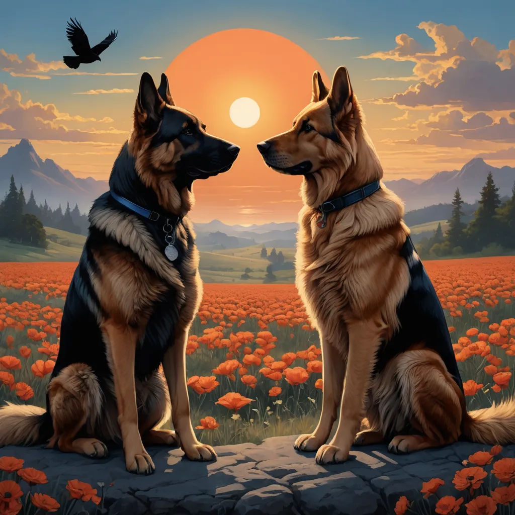 two dogs sitting on a rock in a field of flowers with a bird flying above them and a sunset in the background, furry art, a fine art painting, Brothers Hildebrandt, highly detailed digital painting