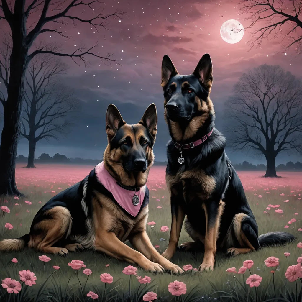 two dogs sitting in a field of flowers under a full moon sky with trees and flowers in the background, gothic art, a fine art painting, Anne Stokes, highly detailed digital painting
