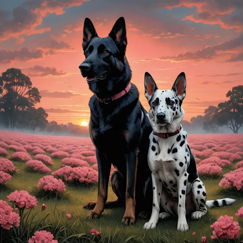 a painting of two dogs sitting in a field of flowers at sunset with a pink sky in the background, serial art, a fine art painting, Brothers Hildebrandt, highly detailed digital painting