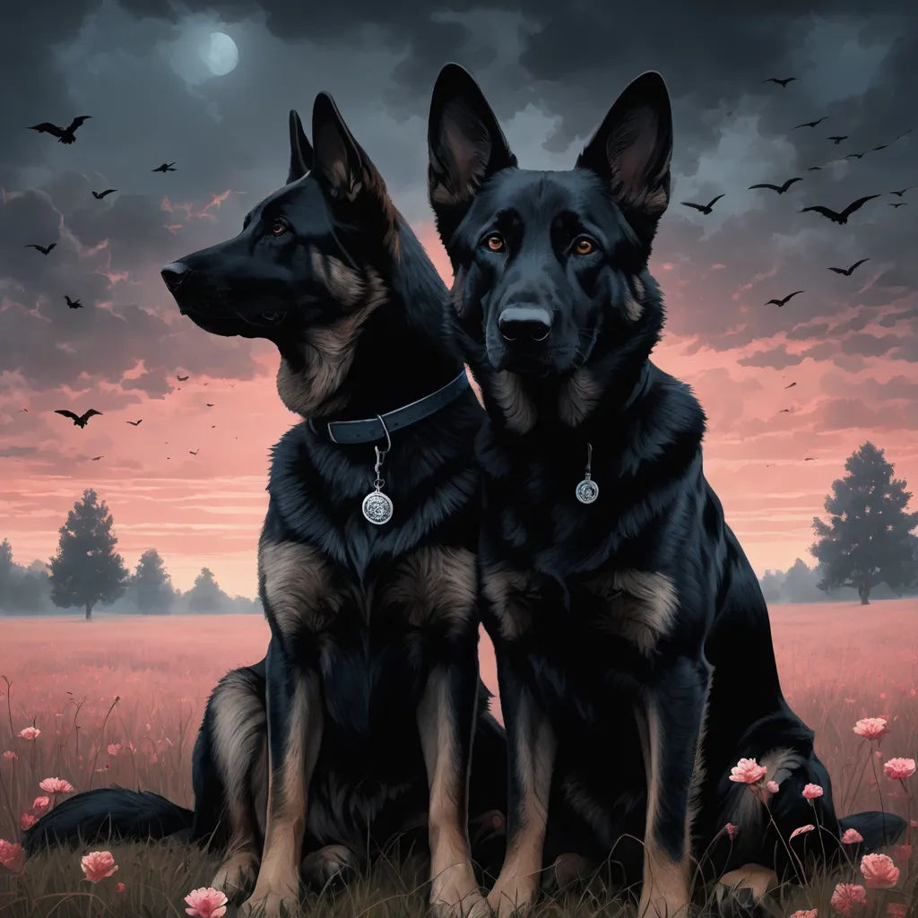 two dogs sitting in a field with a full moon in the background and bats flying overhead in the sky, furry art, a digital painting, Brothers Hildebrandt, highly detailed digital painting