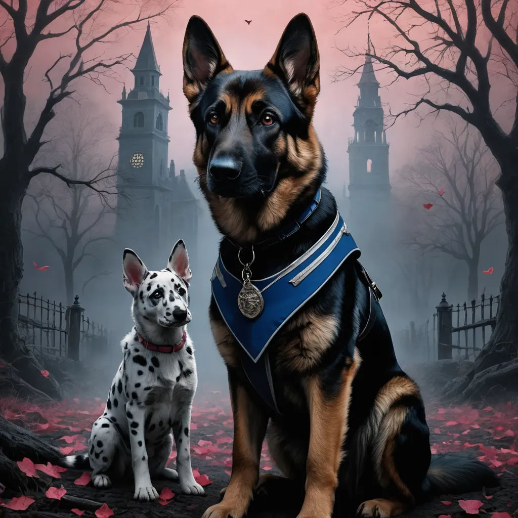 a dog and a dog sit in front of a cemetery with a castle in the background and a dog in the foreground, international gothic, poster art, Felix-Kelly, key art