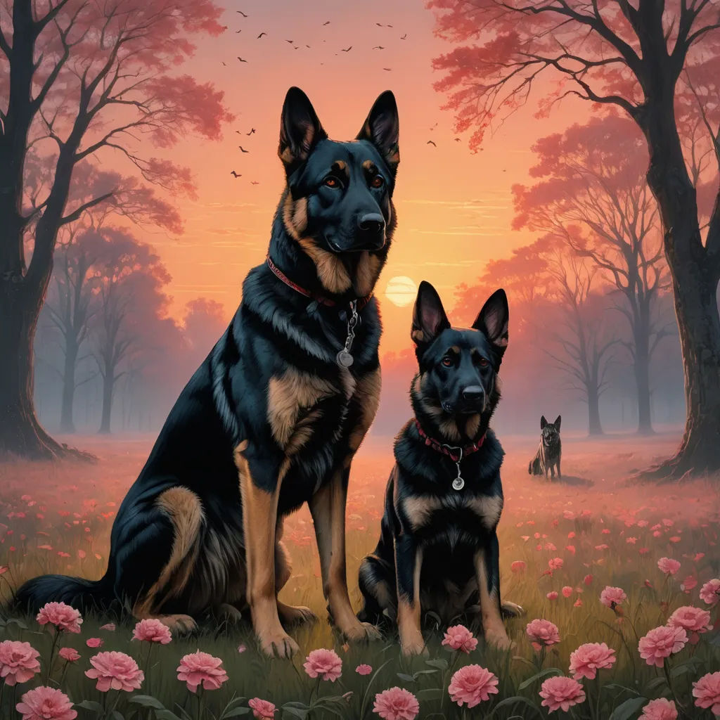 a painting of two dogs sitting in a field of flowers at sunset with a dog looking at the camera, furry art, a fine art painting, Brothers Hildebrandt, highly detailed digital painting
