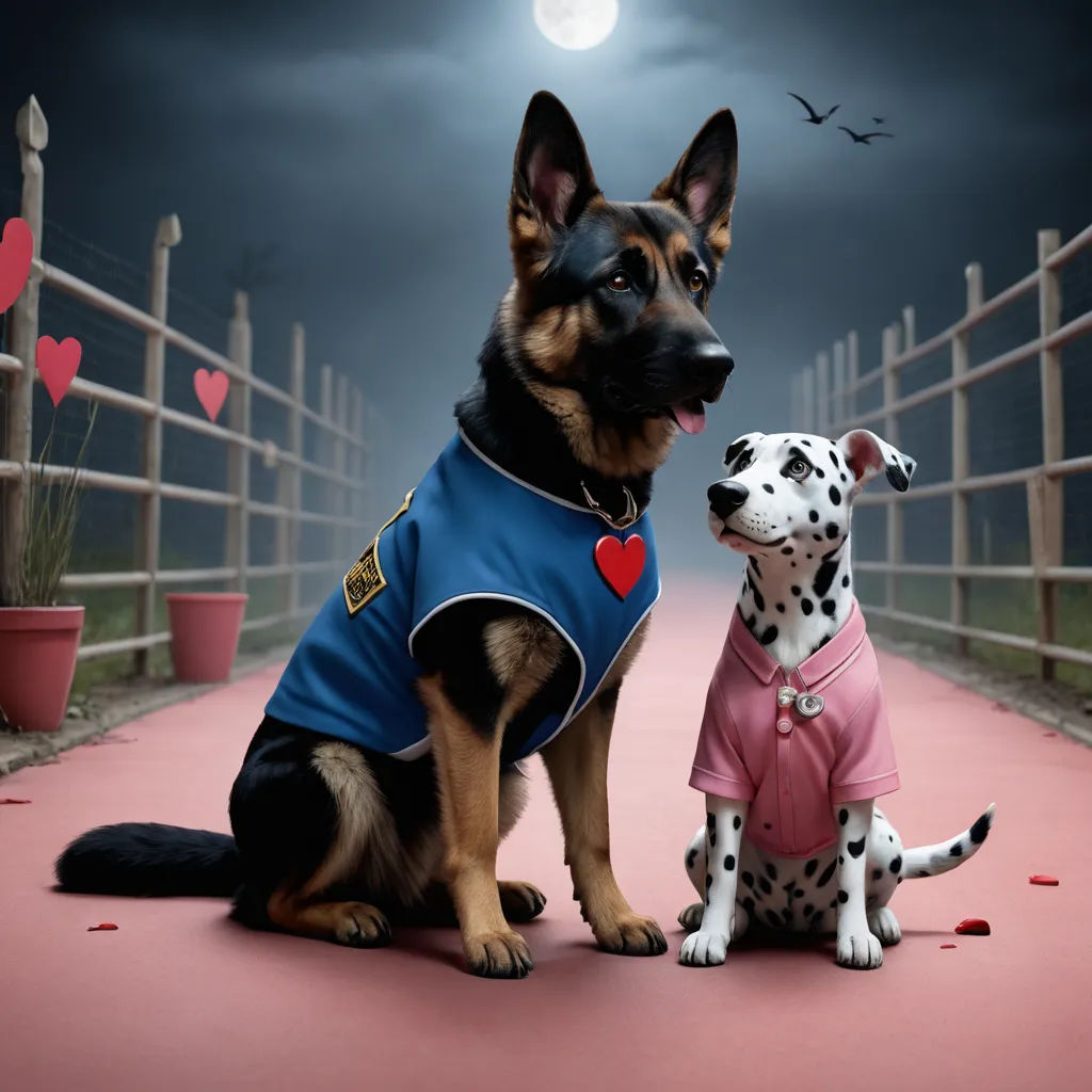 a dog and a dalmatian are sitting on a pink walkway with a fence in the background and a full moon in the sky, international gothic, a poster, Felix-Kelly, promotional image