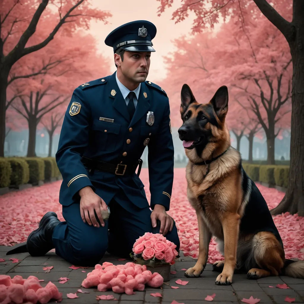 a man in uniform sitting next to a dog on a sidewalk with pink flowers on the ground and trees, romanticism, a photorealistic painting, Elke Vogelsang, award - winning photography