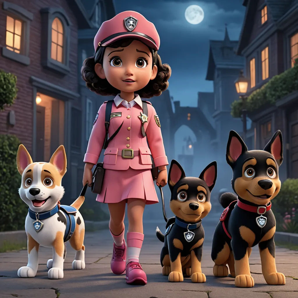 a cartoon girl in a pink uniform walking three dogs in front of a house at night with a full moon, furry art, a poster, Ada Gladys Killins, promotional image