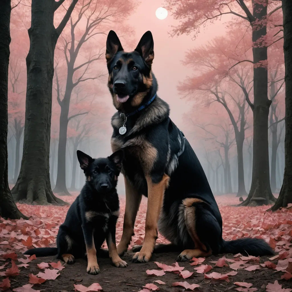 a german shepard and a german shepherd sitting in a forest with leaves on the ground and a full moon in the sky, photorealism, a photorealistic painting, Elke Vogelsang, award - winning photography