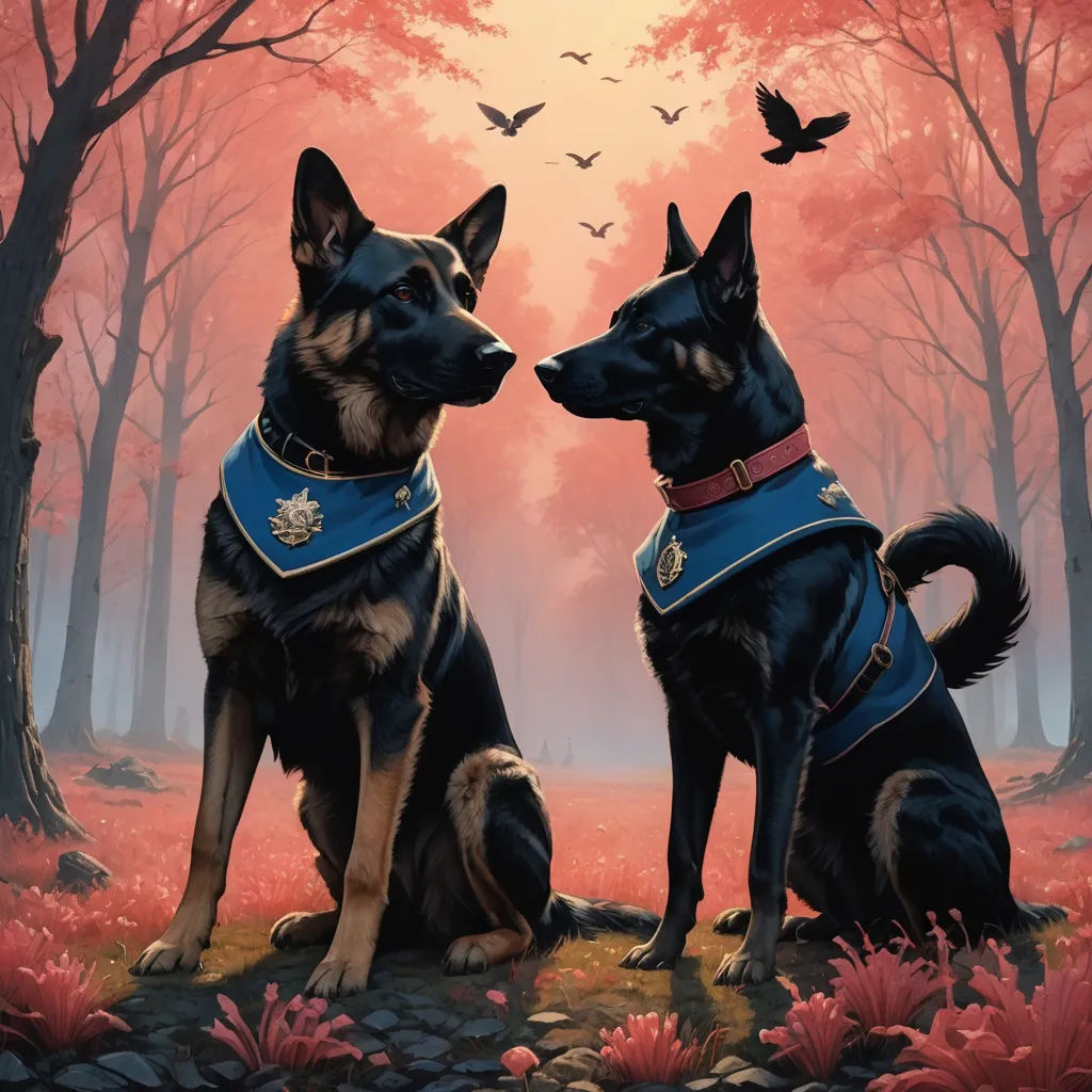 two dogs sitting in the grass with a bird flying in the background and a painting of a forest with trees and birds, sots art, a detailed painting, Brothers Hildebrandt, official art