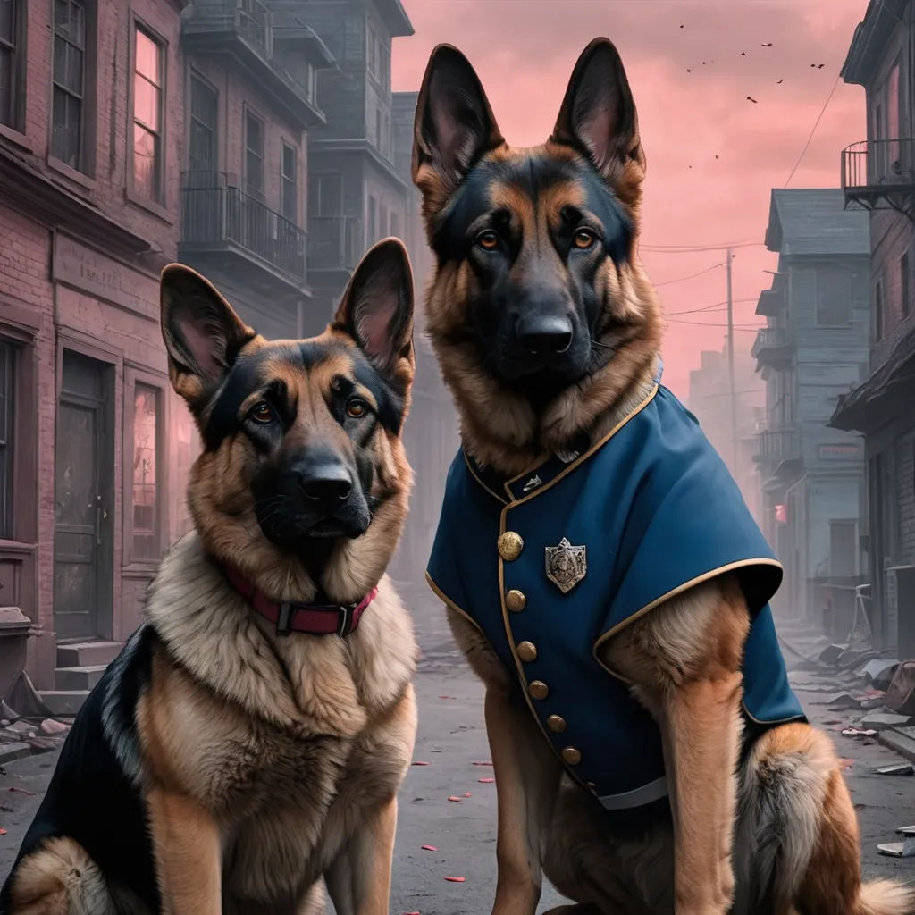 two dogs are dressed in military clothing in a city street at sunset or dawn, with a pink sky in the background, furry art, a detailed matte painting, Chris LaBrooy, key art