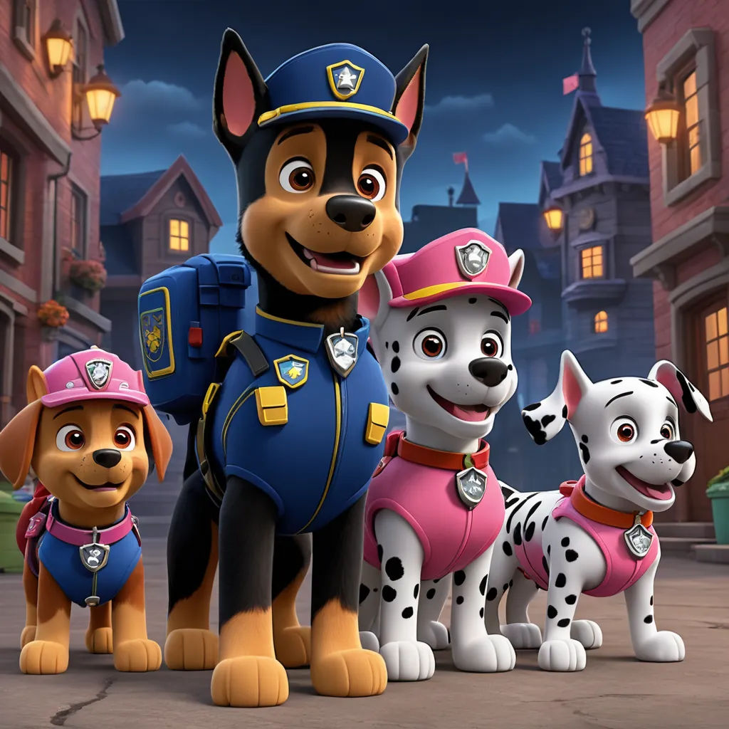 a cartoon of a police dog with four puppies in front of a city street at night with a full moon, furry art, concept art, disney, promotional image