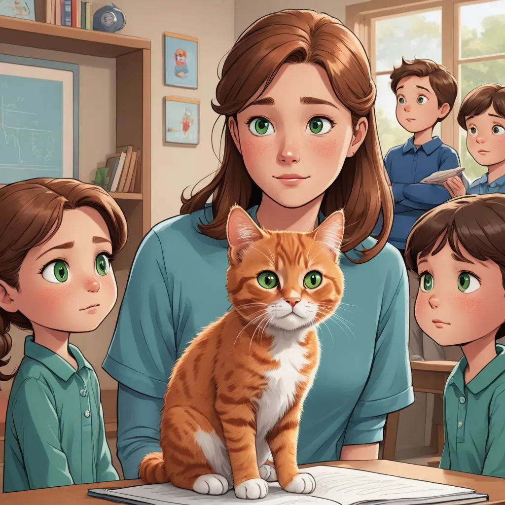 a woman sitting at a table with a cat in front of her and children in the background looking on, sots art, a storybook illustration, Anne Said, official art