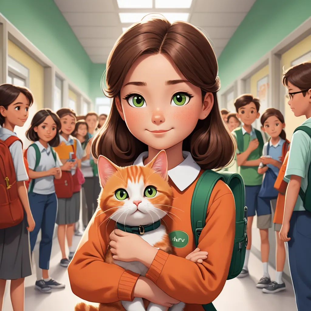a girl holding a cat in a hallway with other children in the background and a hallway with green walls, paris school, a character portrait, Alice Prin, official art