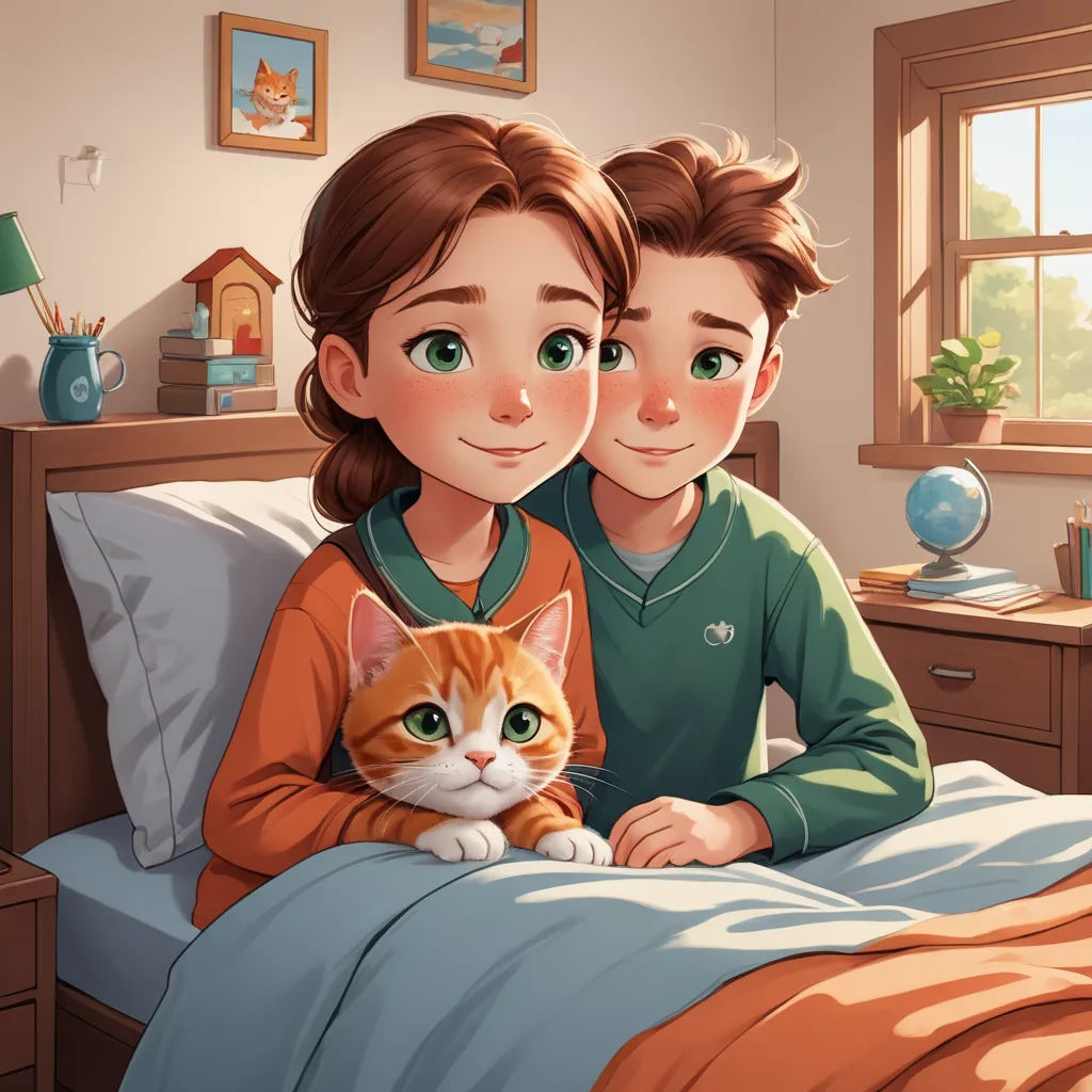 a boy and girl are in bed with a cat on their lap and a cat on their lap, looking at the camera, sots art, a storybook illustration, Cyril Rolando, storybook illustration