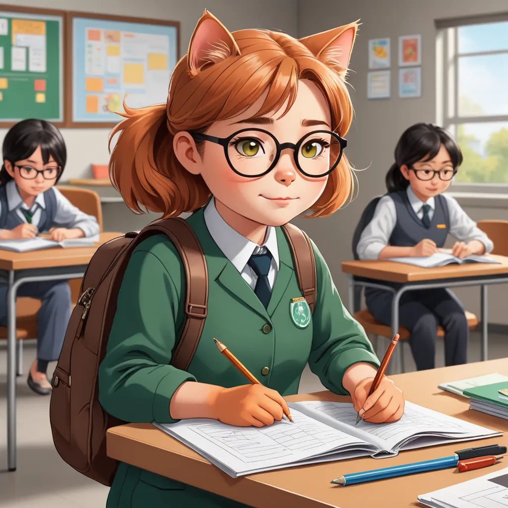 a girl in a green school uniform writing in a classroom with other students in the background wearing glasses and backpacks, sots art, a character portrait, Felix-Kelly, official art