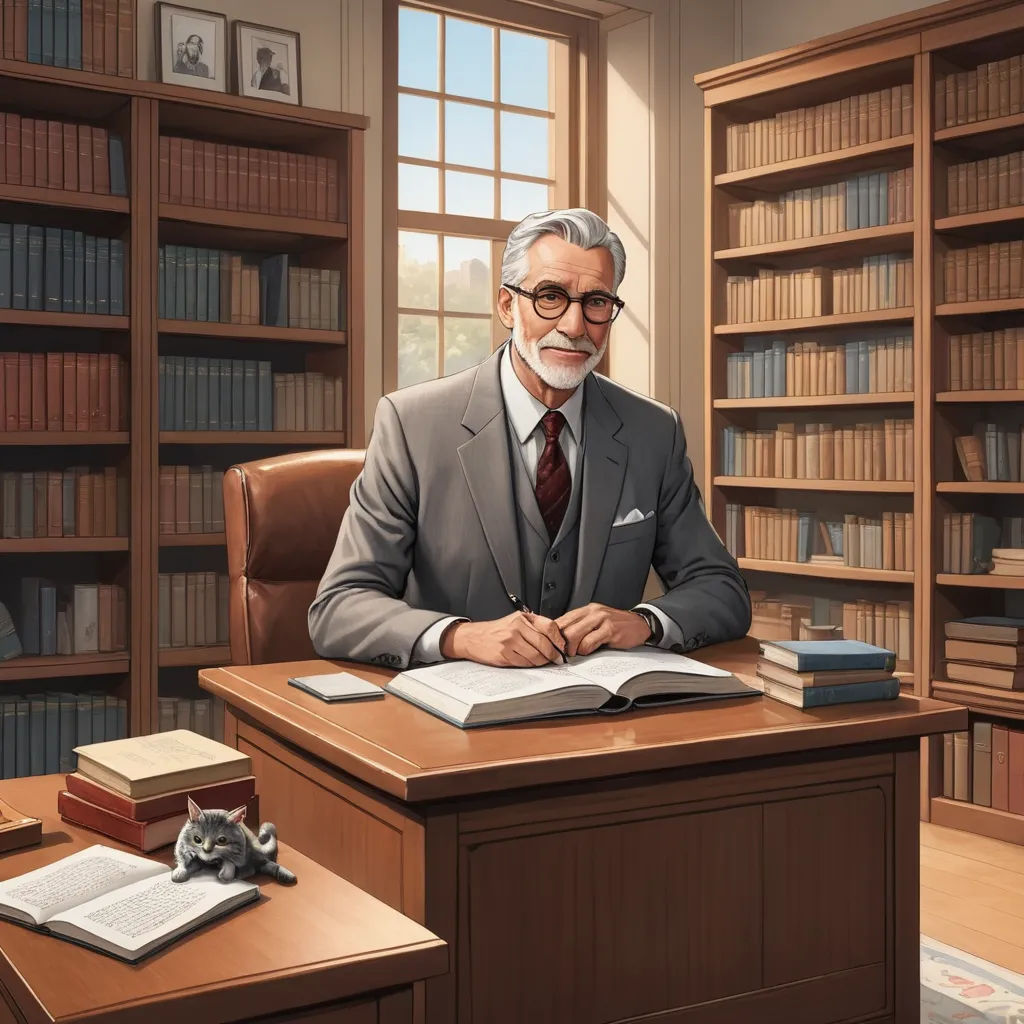 a man in a suit sitting at a desk with a book in front of him and a cat on the desk, academic art, a storybook illustration, F. Scott Hess, official art