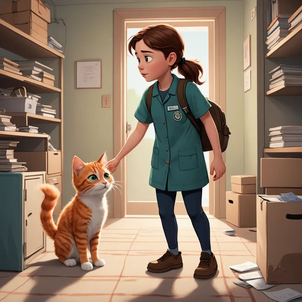 a girl in a green shirt is petting a cat in a room with boxes and boxes on the shelves, sots art, a storybook illustration, Diego Gisbert Llorens, promotional image