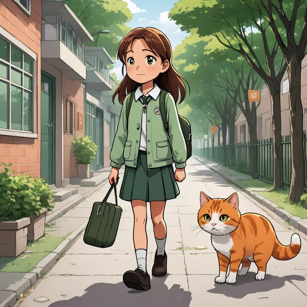 a girl in a green jacket and a cat on a sidewalk in front of a building with a green door, serial art, a character portrait, Chizuko Yoshida, official art