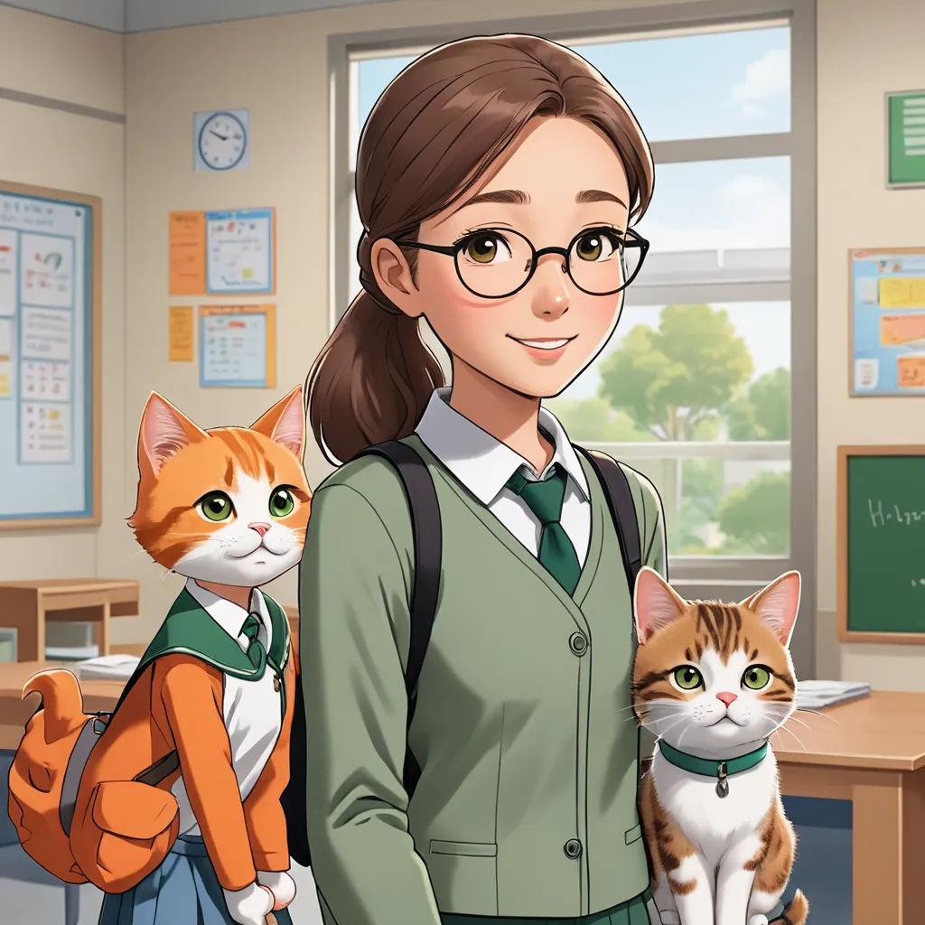 a girl in a green school uniform with two cats in her lap and a cat on her shoulder, in front of a classroom desk, sots art, a character portrait, Anne Said, official art