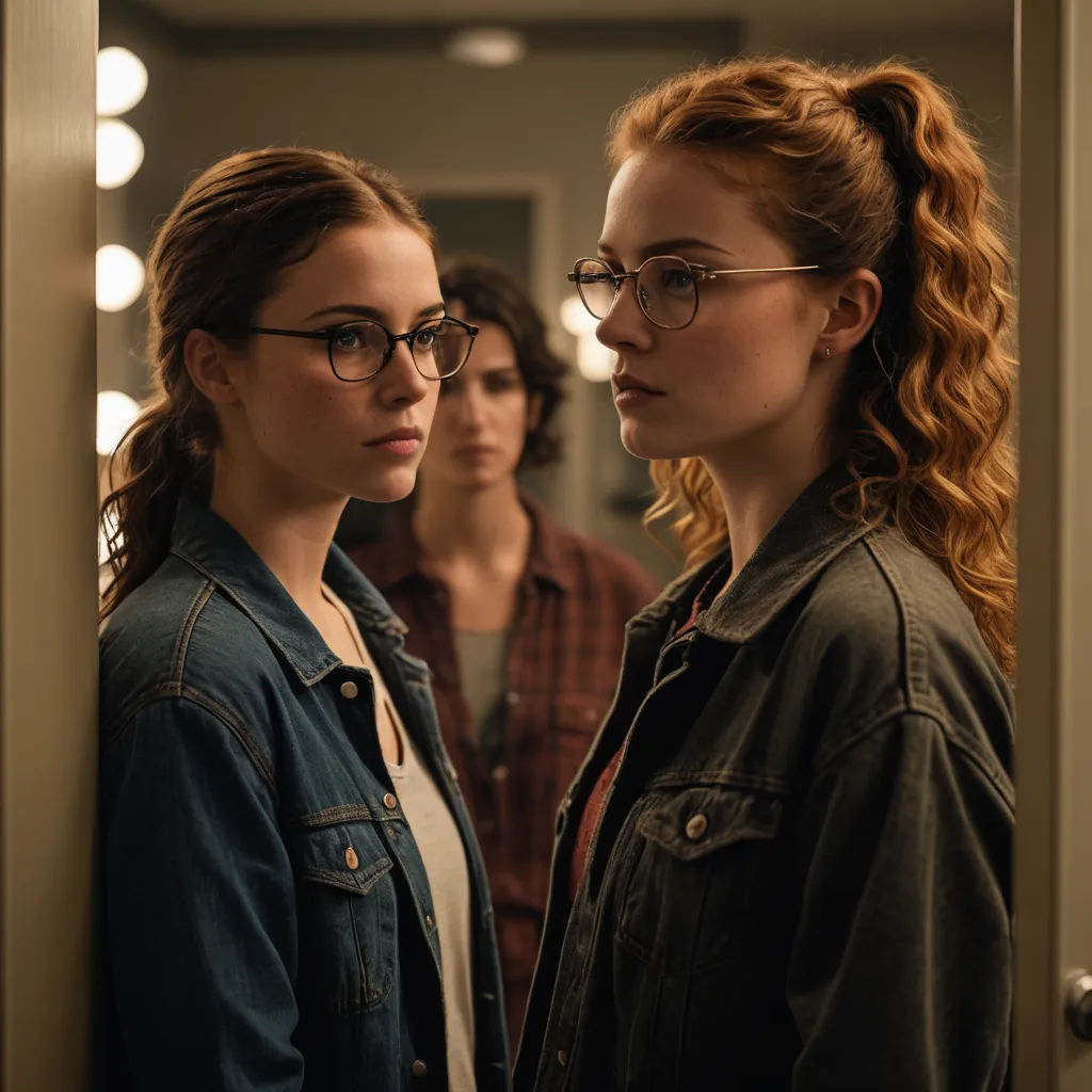 two women standing in a hallway looking at each other with a mirror in the background and lights on the wall, aestheticism, a renaissance painting, Chase Stone, glasses