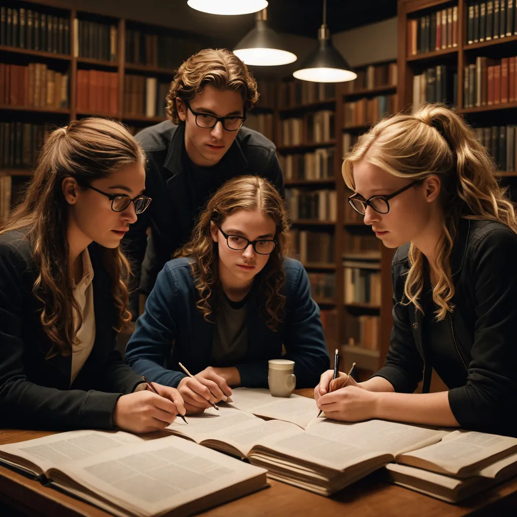 three people are looking at a book together in a library with a cup of coffee and a book on the table, academic art, a stock photo, Christian W. Staudinger, movie still
