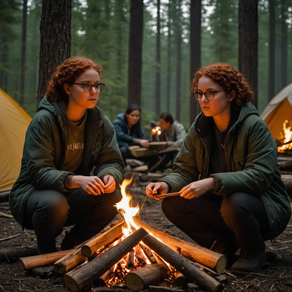 two women sitting in front of a campfire with a tent in the background and a forest with trees, antipodeans, concept art, Felix-Kelly, vfx