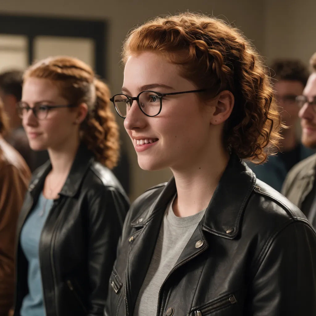 a woman with glasses standing in a room with other people in the background and smiling at the camera,, barbizon school, a stock photo, Claire Falkenstein, promotional image
