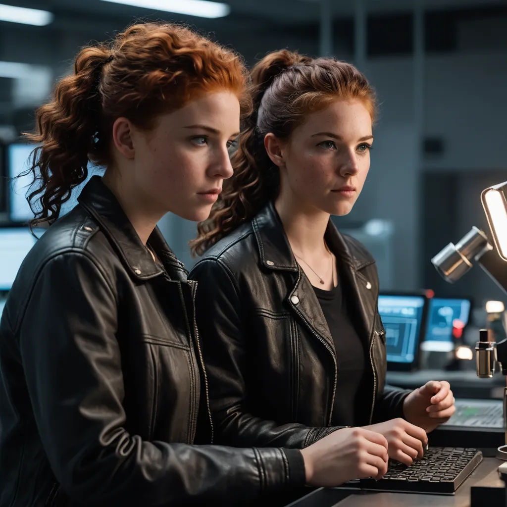 two women in black jackets looking at a computer screen with a light on it and a lamp on the desk, les automatistes, a photocopy, Felix-Kelly, promotional image