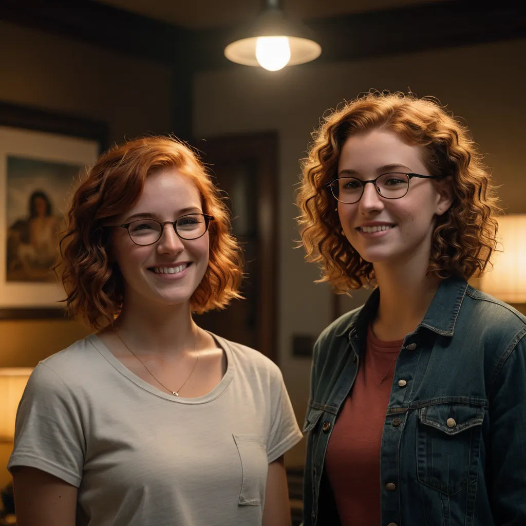 two women standing next to each other in a room with a lamp on the wall and a painting on the wall, optical illusion, a stock photo, Ada Gladys Killins, professional lighting