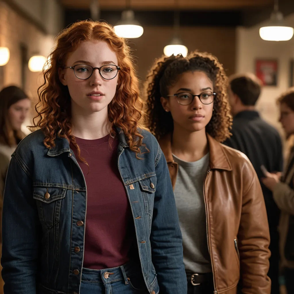two women standing in a hallway with a group of people behind them looking at the camera and one woman with glasses on, barbizon school, a renaissance painting, Elinor Proby Adams, promotional image