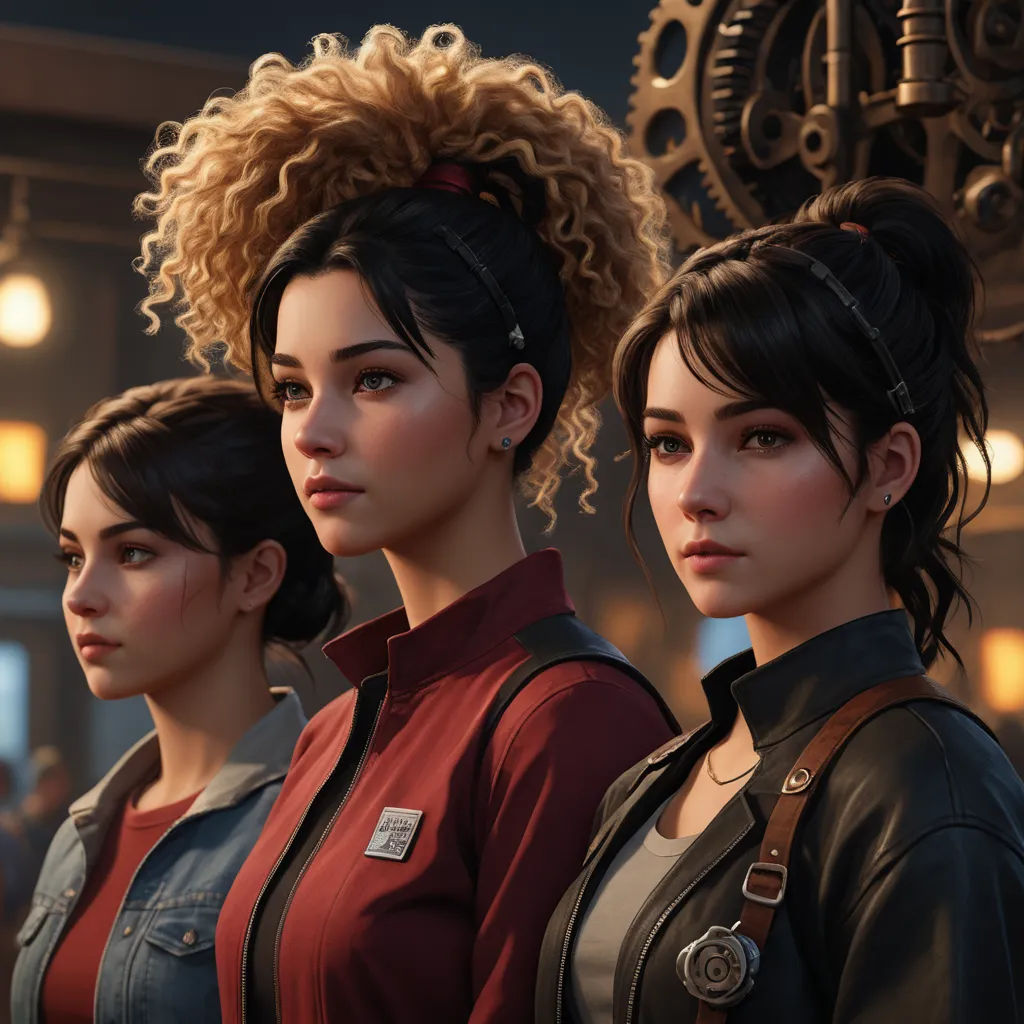 three women standing next to each other in a room with a clock on the wall behind them and a clock on the wall, photorealism, computer graphics, Cedric Peyravernay, unreal engine highly rendered