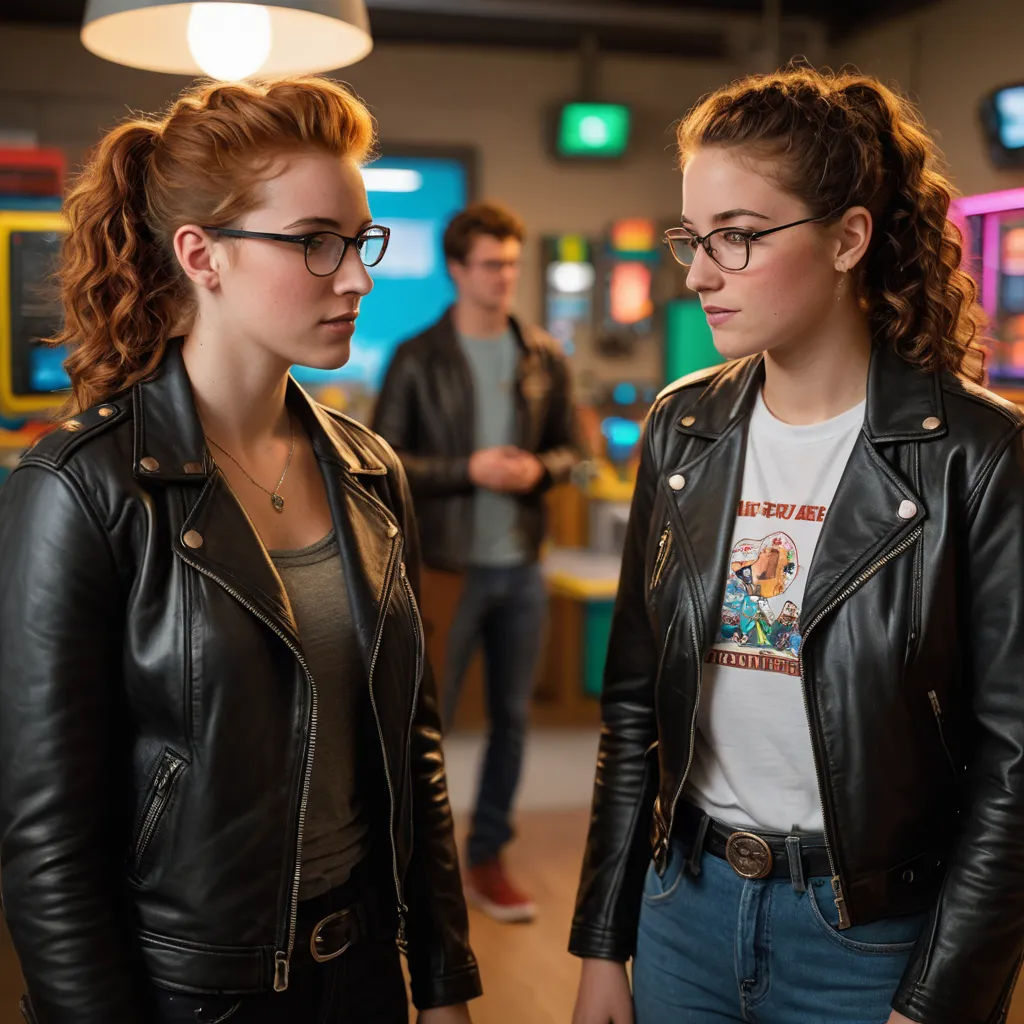 two women in black leather jackets standing in a room with a man in the background looking at each other, rayonism, a renaissance painting, Anne Said, promotional image