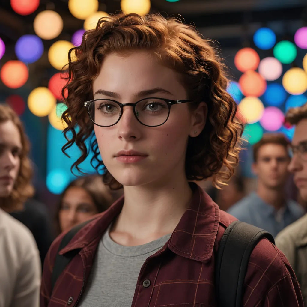a woman with glasses standing in front of a crowd of people in a room with lights on the ceiling, aestheticism, a character portrait, Barbara Greg, glasses
