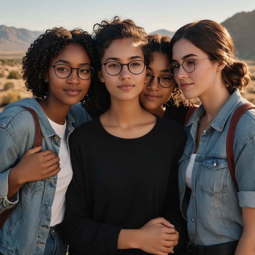 three girls are posing for a picture together in the desert with mountains in the background and a blue sky, american barbizon school, a stock photo, Christian Hilfgott Brand, glasses