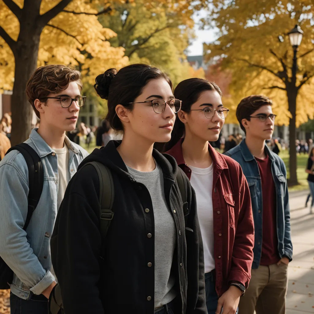 a group of people standing on a sidewalk in front of a tree with yellow leaves on it and a man in a red jacket, academic art, a stock photo, David Budd, glasses