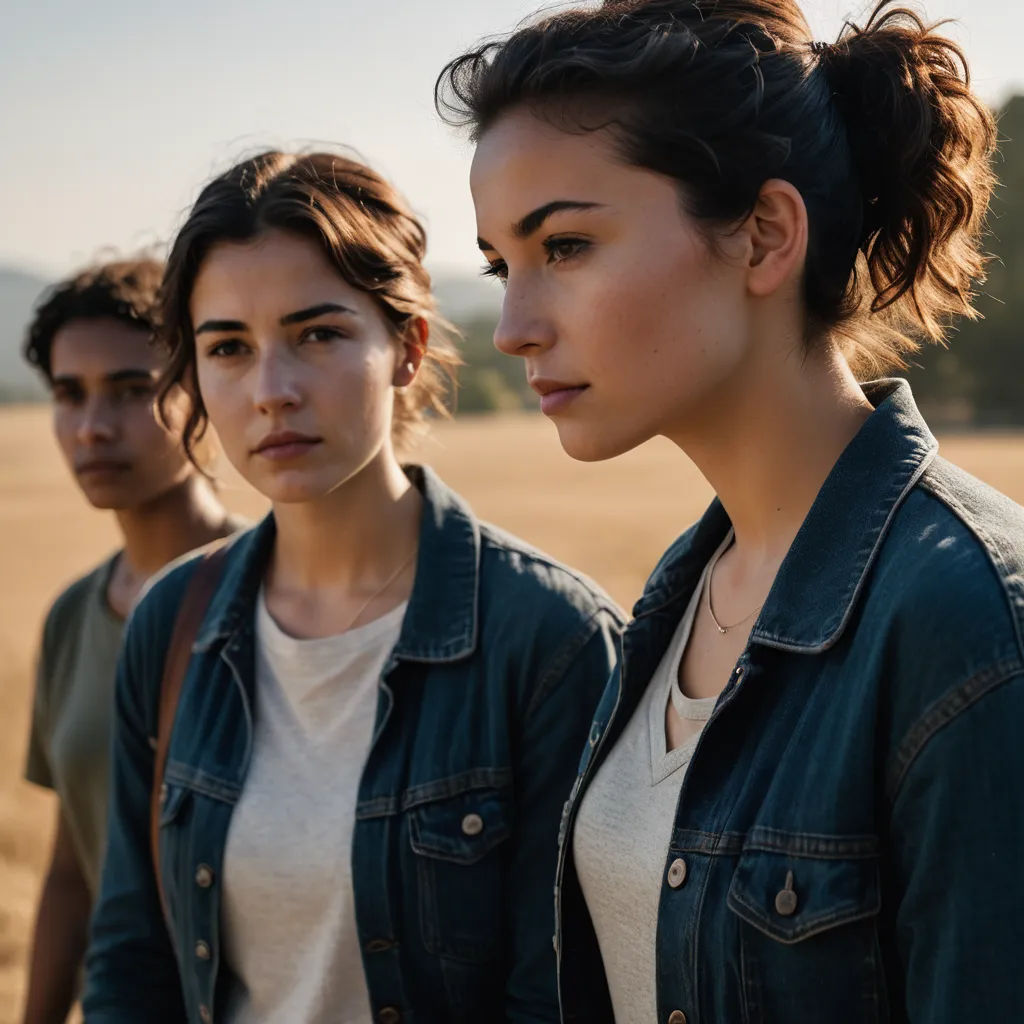 two women standing in a field of wheat looking at something in the distance with a man standing behind them, serial art, a stock photo, Chris Spollen, promotional image