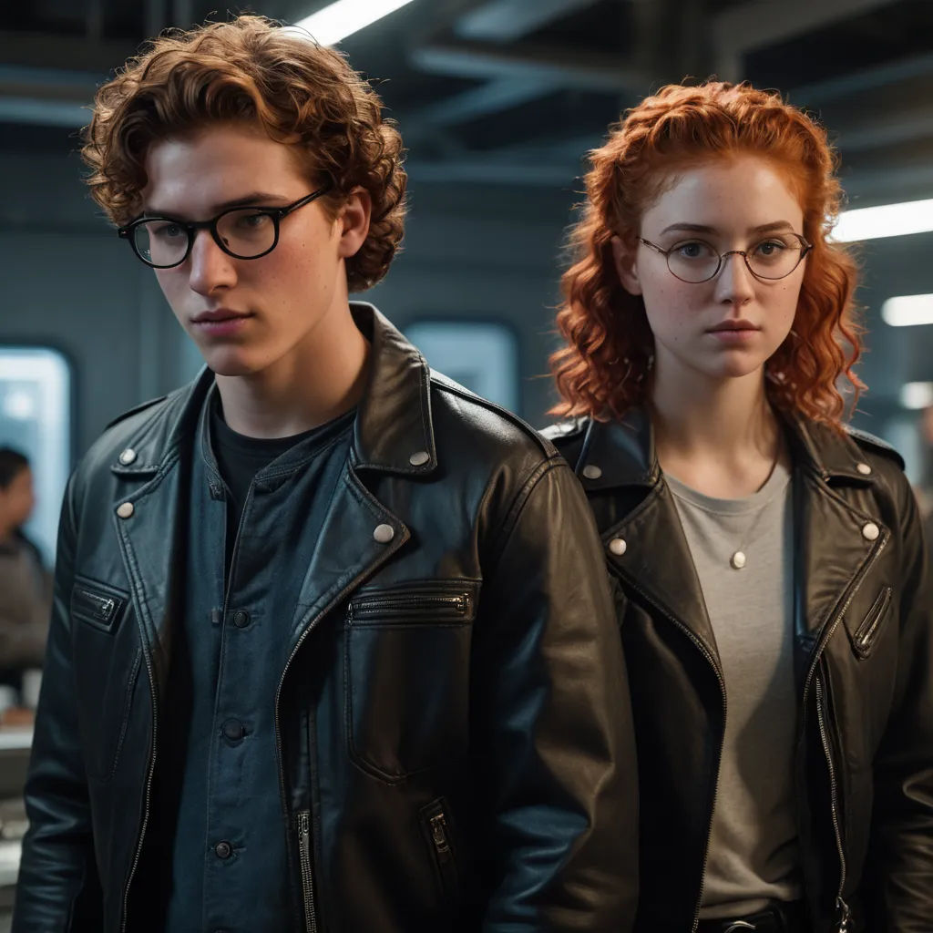 a man and a woman in black leather jackets and glasses standing together in a room with people in the background, international gothic, a photocopy, Chase Stone, promotional image