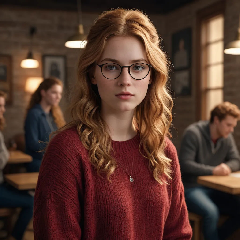 a woman with glasses standing in front of a group of people in a room with a table and chairs, american barbizon school, a character portrait, Elinor Proby Adams, glasses