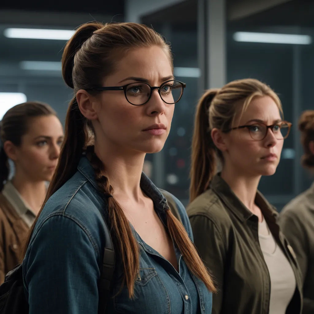 a group of women standing in a line with glasses on their faces and one woman with a ponytail in the middle, rayonism, a renaissance painting, Doc Hammer, promotional image